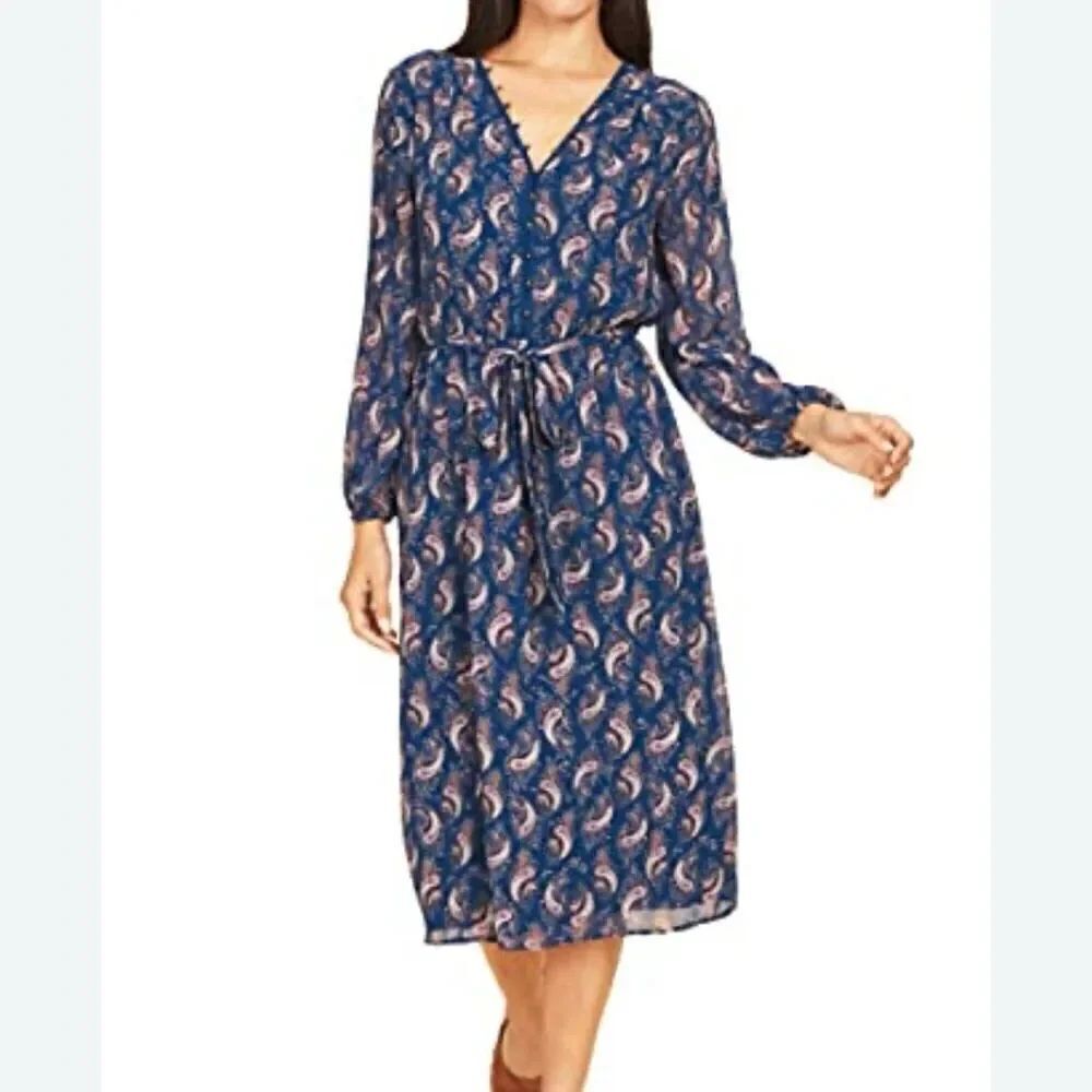 DR2 blue paisley long sleeve button front dress small